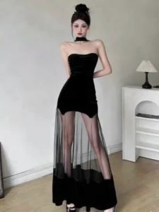Solid Black Dress For Women Elegant Clothes Mesh Splicing Vestidos De Mujer Neck-mounted One Piece Party Outfit Long Dresses