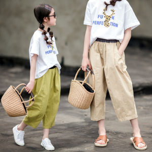 Childrens Casual Cotton Summer Solid Color Cropped Pants Short Sleeve