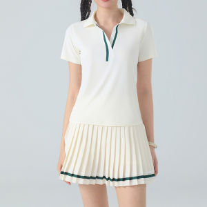 Womens Short Sleeve Skort Set Quick Dry Breathable Pleated Tennis Golf Running Workout Athletic Outfit