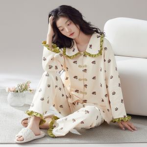 ไรฝุ่นต้านเชื้อแบคทีเรีย 7A Pure ผ้าฝ้าย แขนยาว ผู้หญิง ชุดนอน ชุด ฤดูใบไม้ร่วง ฤดูใบไม้ผลิ ชุดเสื้อผ้าบ้าน ลายม้าลาย