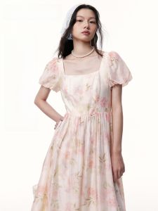 TAMMY TANGS | Linen Blend Short Sleeve Print Dress Womens High Waist Tea Break Gown Summer Breathable Zipper Closure Slimming X-Shape Skirt