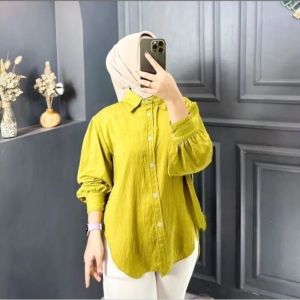 kemeja lengan balon polo linen atasan wanita viral kekinian