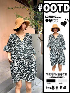 ชุดเดรสคอวีแขนยาวผ้าลินินหลวมๆ สำหรับผู้หญิง สไตล์ฝรั่งเศส ฤดูใบไม้ร่วง ชุดเดรสแขนยาวผ้าลินินบางพิมพ์ลาย ชุดเดรสยาวปานกลาง