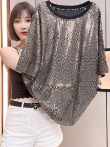 plus Size Summer Trendy Sleeveless Midi Length Short Sleeve Sequin Slimming Top Womens Street Style Creative Splicing T-shirt