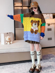 MPW | เสื้อสเวตเตอร์ลายทางสีสันสดใสสำหรับเด็กผู้หญิง แฟชั่นฤดูใบไม้ร่วง 2025 ลายหมีการ์ตูน แขนยาว ปกติ ไม่มีหมวก เสื้อผ้าเด็ก MPW