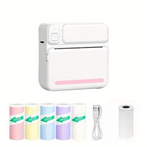 Thermal Mini Printer - Portable Wireless Rechargeable Lithium Battery 1 Roll of Thermal Paper + 5 Rolls of Colorful Stickers