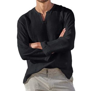 king billion | Mens Cotton Linen Shirt Cozy Solid Color Long Sleeve Breathable Tops V Neck Casual Blouse Hawaiian Shirt Lightweight Shirts
