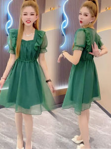 Sweet Style Mid-Length Womens Dress Slimming High Waist A-Line Skirt Korean Commute Pure Color Short Sleeve Summer New Arrival