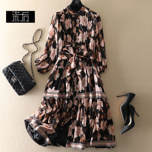 Elegant Spring Summer Silk Print Long Dress A-Line Silhouette Loose Slimming Vacation Style round Neck Mid-Length Skirt