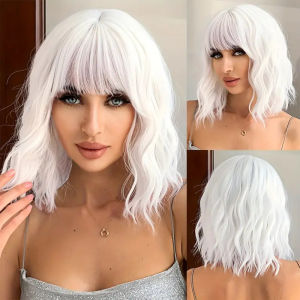 Silver White Short Roll Synthetic Wig Lolita Can Beveled Mid-split Fashionable Water Wave Curly Wig Womens Wig