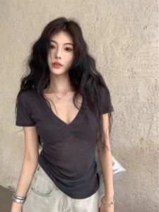 V-neck Transparent Style Summer Short Sleeve T-shirt