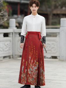 Red Long Sleeve Mens Hanfu Set with Shirt Traditional Chinese Style Polyester Fiber Embroidered Youth Travel Spring Outfit