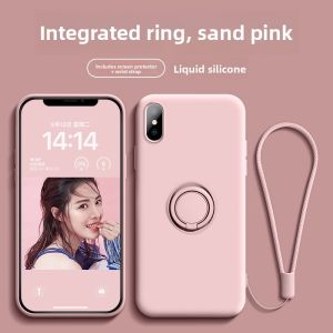 GGUU | Liquid Silicone Phone Case For iPhone X XR XS Max Full Cover Anti-Fall Integrated Ring Stand Protective Shell Green Apple X Ten