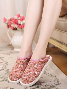 รองเท้าแตะผ้าฝ้ายแท้ทำมือสำหรับใส่ในบ้าน รองเท้าแตะพื้นนุ่มลายดอกไม้ป้องกันการลื่น ไม่มีเสียง สำหรับพื้นไม้ รองเท้าแตะฤดูร้อน