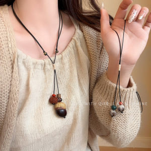 New Chinese Style Womens Ceramic Necklace Woven with Pine Nut Design Versatile Ethnic Sweater Chain Retro Pendant Accessory
