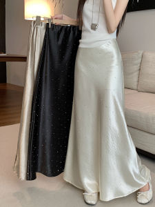 Acetate Satin Fish Tail Half Skirt Womens Summer 2025 New High Waist Slimming Drapey A-Line Long Skirt with Rhinestones