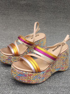 Colorful Thin Strap Open Toe High Heel Roman Sandals 2025 Summer Style Waterproof Platform Slope Heel Ethnic Women Shoes