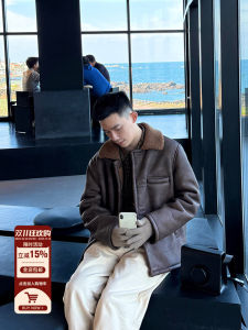 American Style Brown Retro B3 Flight Jacket Faux Leather Fur Integrated Thickened Motorcycle Coat Youth Casual Winter Outerwear