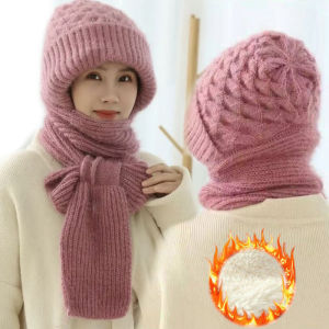 Knitted Scarf Hat Set Fashion Simple Windproof Thickened Hat Scarf All-in-one Plush Ear Protection Hat For Winter Outdoor Sports Keep Warm Accessories