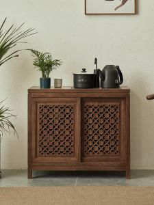 New Chinese Style Tea Water Cabinet Solid Black Walnut One-Piece Storage Shelf Heating Cabinet Simple Wood Side Table