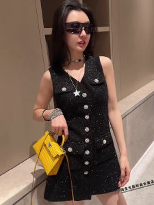 Elegant Summer New Style Small Fragrance Wind Sleeveless Vest Dress Women High Waist A-Line Skirt Bright Sequins V-Neck Dress