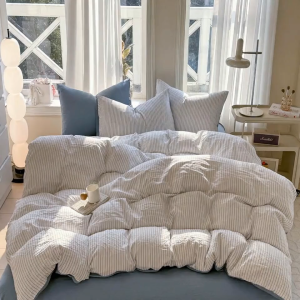 Ready Stock | Free Shipping | Gray Striped 4PCS Fitted Sheet Set | Fast Ship | Add More Save More