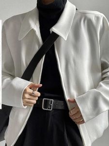 White Tailored Autumn Winter Mens Jacket Shoulder Pad Collar Baseball Style Administrative Coat Loose Fit Youth Fashion