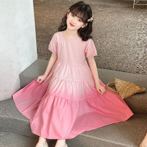 Girls Gradient Cotton Blend Summer Dress Short Sleeve Lightweight Princess Skirt Breathable Comfortable Pure Cotton Midi Dress