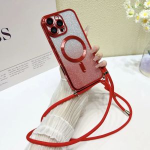 Luxury Magnetic For iPhone 17 Pro Max Case 16 14 13 12 11 15 Plus Glitter Clear Plating Shockproof Strap Crossbody Lanyard Cover