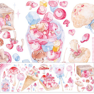 New Seven Days Pet Glossy Notebook Hand Account Decorative Tapes Stickers Cute Landscaping Adhesive Glassine Tape Full Roll Cream Mushroom