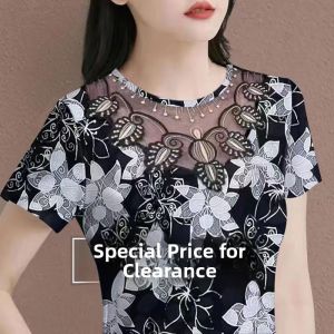 2025 Summer New Korean Style Printed T-Shirt Slimming Belly Covering Comfortable Versatile Silk Material Womens Top