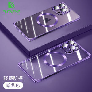 [With Lens Film] FLOVEME Plating Square Clear Phone Case For iPhone 14 Plus 14 13 12 Pro Max Wireless Charging Transparent Soft Silicone Shockproof Back Cover For iphone 14 13 12