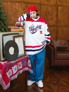 Busykid American Style Long Sleeve Hoodie Street Dance Hip Hop Ice Hockey Uniform Loose Fit V-Neck Mid-Length Polyester Spandex Blend