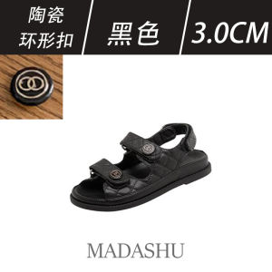 Thick Heel Sandals Womens Summer New Exposure Toe Black Roman Shoes Student Magic Tape Small Fragrance Style Beach Shoes