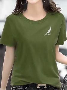 Plus Size Feather Printing Cotton Women Tshirts 2021 New Summer O-neck Ladies Tees Shirt Female Short Sleeve T-shirts Tops