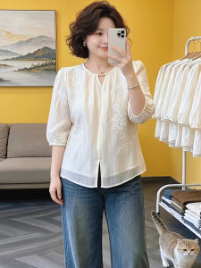 Shalldoer | Chinese Style Embroidered Chiffon 3/4 Sleeve Shirt Plus Size