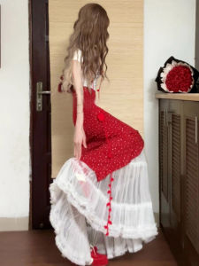 Red Asymmetrical Floral Halter Dress Womens Summer 2025 New Small Size Miu Matching Set Long Dress Sweet Japanese Style High Waist A-Line Skirt