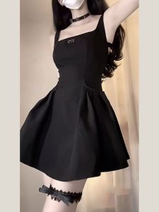 Lime with Vinegar Black French-Style Short Dress for Women Summer Sleeveless Tank Top with Square Neck Double Pockets