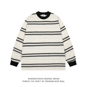 WUKONGYOUHUO | Áo Thun Tay Dài Cổ Tròn Phong Cách Nhật Bản Vintage Sọc