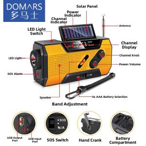 Domars | Solar and Hand-cranked LED Flashlight Radio Lamp Emergency Charger