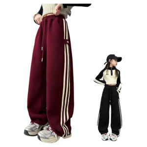 Girl Velvet Sweatpants Winter 2024 New Arrival Kids Western Style Single-Layer Fleece-Lined Casual Pants for Women Youth Thickening Wide Leg Pants