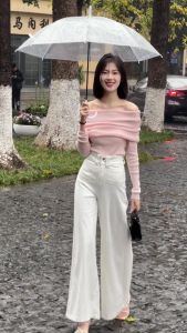 Pear Shapes Wear Suit Elegant Adult Lady like Woman Fried Street Tops Super Slimming Flab Hiding Super Wide Leg Denim Two-piece Set