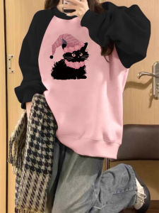 Loose Fit round Neck Sweatshirt Womens New Style Spring Autumn Thin Cat Print Top Fashionable Comfortable Lazy Style Shirt
