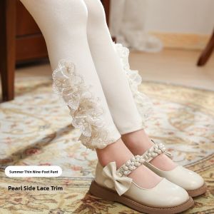 Thickened Fleece Girls Bottom Pants Spring Autumn Winter Wear Pearl Embellished Outerwear Cotton Blend Elastic Waist Princess Style