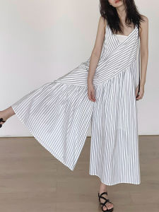 Casual Wide Leg Pants Romper Summer New Style Loose Slimming Womens Striped Tube Dress Cotton Fabric Belted mid Waist