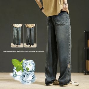 Quần Jean Nam Vintage Mỏng Thời Trang Mùa Hè Lyocell Ống Thẳng Rộng Rãi Phong Cách Hàn Quốc Quần Denim Nam Phong Cách Đường Phố Màu Nước Nhạt