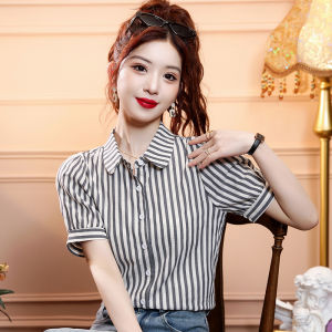 Summer 2025 Womens Casual Stripe Shirt Short Sleeve Versatile Lightweight Luxury Feel Commute Straight Tube Shape Bubble Sleeve