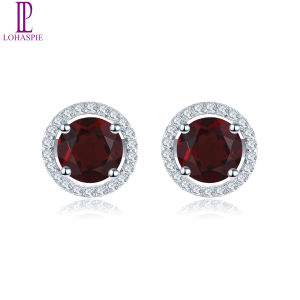 Round Garnet 925 Silver Stud Earrings Natural Red Gemstone Solid 925 Sterling Silver Fine Cubic Zircon Jewelry for Women