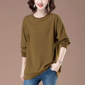 Áo Nỉ Cotton Lót Lông Cừu Mỏng Dài Tay Rộng Rãi Cho Phụ Nữ Trung Niên Mùa Thu Thường Ngày Cổ Tròn Dài Vừa Phải