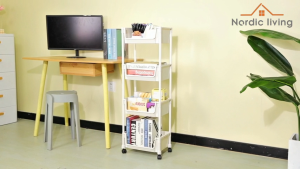 Rolling Cart with Wheels Plastic Utility Storage Trolley with Hooks Multi-Functional Mobile Bookshelf Rolling Bookcase Movable Storage Organizer for Office Kitchen Bathroom Laundry